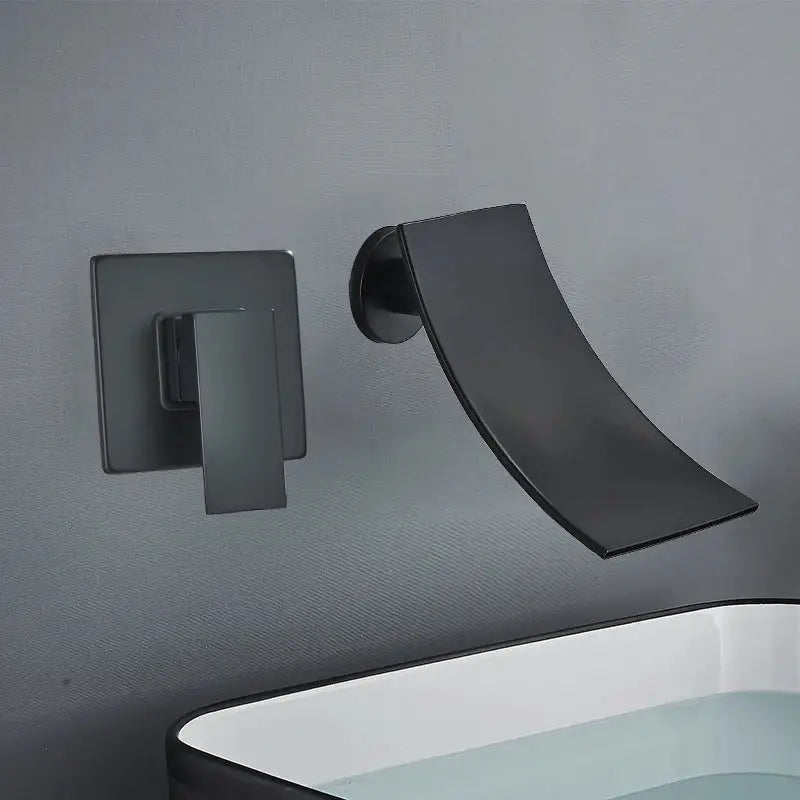Modern matte black wall-mounted faucet with sleek curved spout and square handle for decorbites gold waterfall wall use