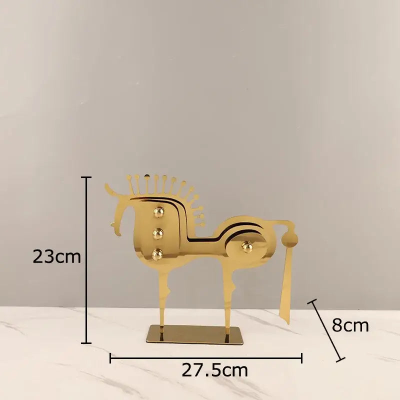 Modern golden horse metal sculpture with spherical accents and decorative tail for living room decorbites golden horse decor
