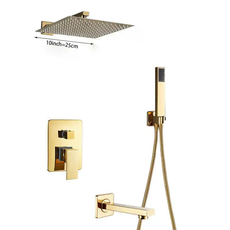 Modern golden square rain shower set with gold-toned textured showerhead and matching concealed mixer taps decorbites golden bathroom shower set
