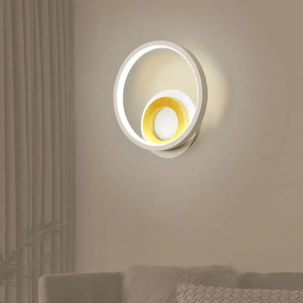 Modern gray and wood double ring wall lamp with sleek circular design and glowing yellow inner ring for bedroom 220v-240v 110v-120v