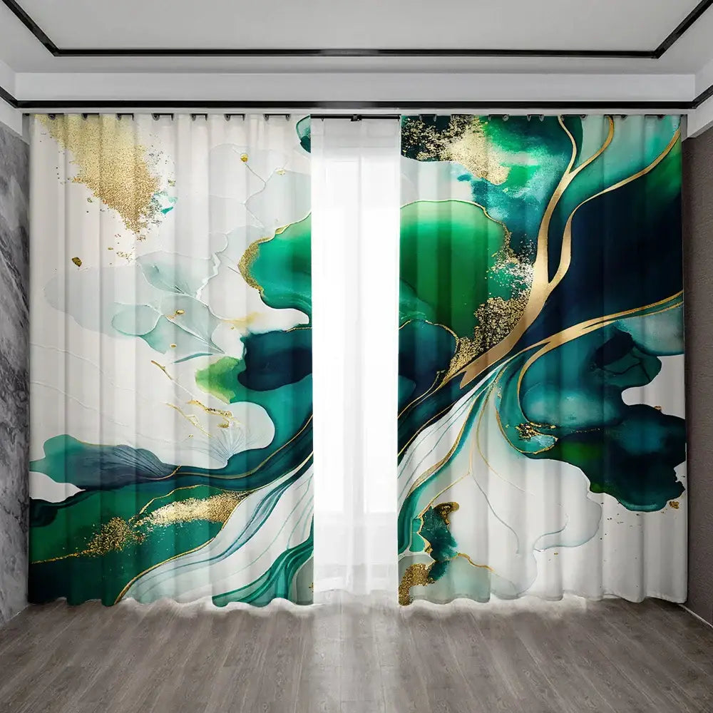 Modern green and gold marble rod pocket sheer curtains with teal fluid design for living room decorbites green marble