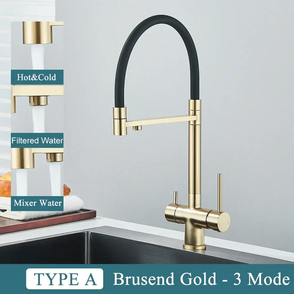 Modern gun gray filtered kitchen faucet with dual handle pull out hose and brusend gold 3 mode brushed gold finish