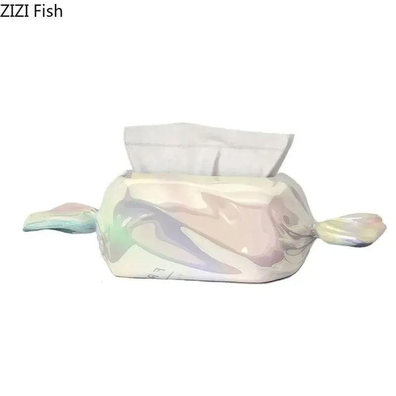 Modern iridescent candy tissue box cover with colorful candy fish design for stylish living room decor by decorbites