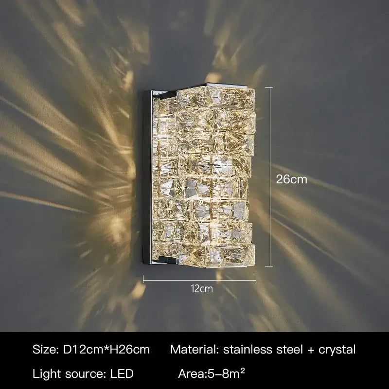 Modern luxury gold and crystal led wall light with stacked clear crystal blocks and stainless steel frame for living room