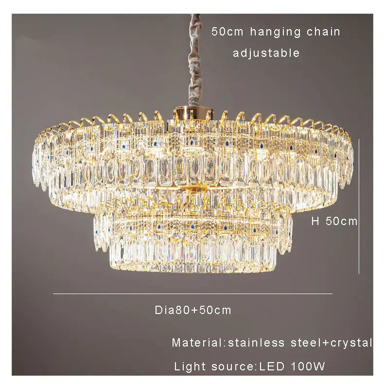 Modern luxury gold double crystal ceiling chandelier with multi-tiered crystals and 50cm adjustable hanging chain