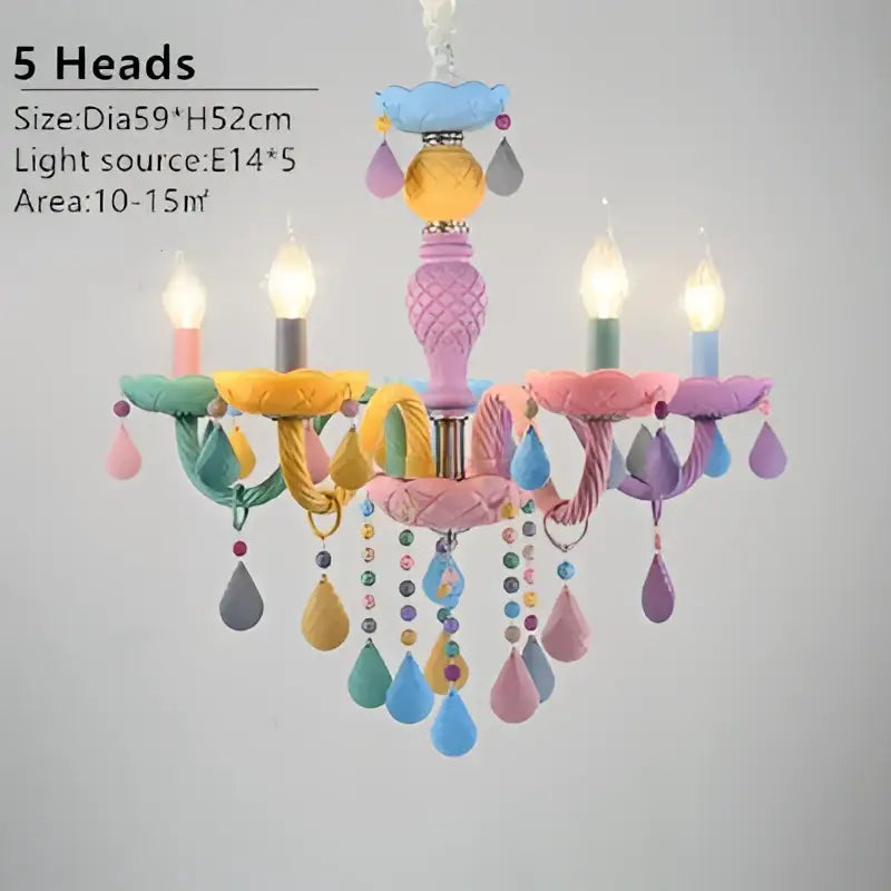 Pastel-colored decorbites crystal chandelier with five arms and rainbow teardrop beads for childrens room decor