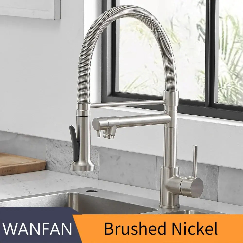 Modern matte black and brushed nickel spring kitchen faucet with flexible ribbed gooseneck spout and pull-down spray head by decorbites black spring