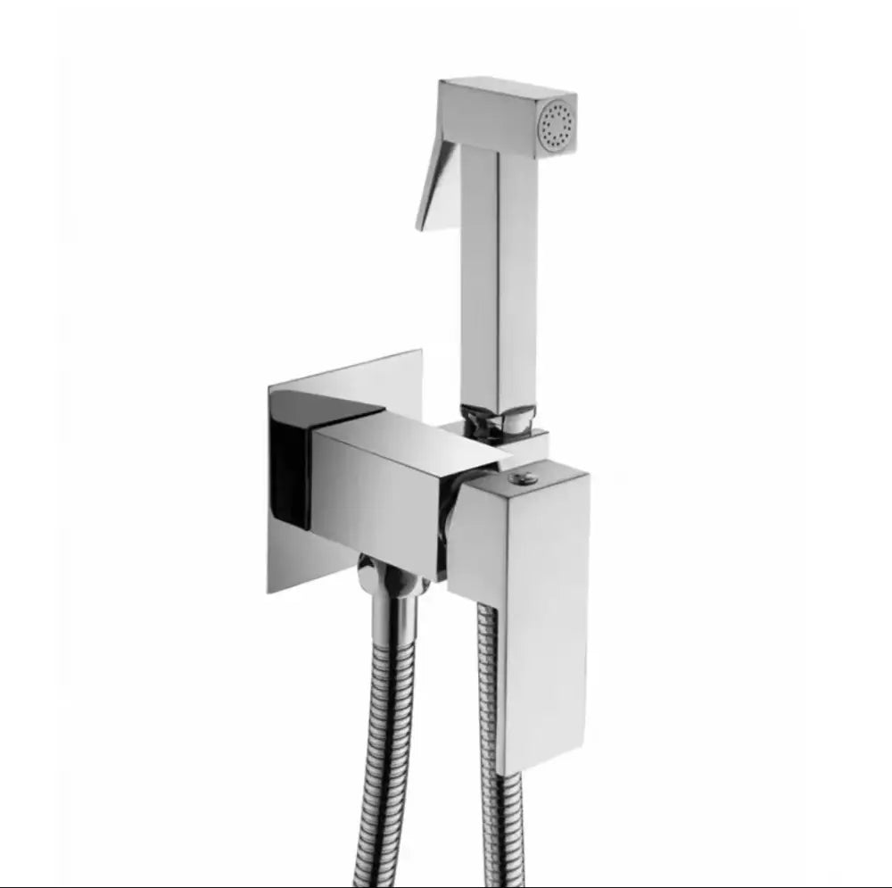 Modern chrome-finished decorbites bidet spray gun set with sleek angular design and flexible hose for bathroom hygiene