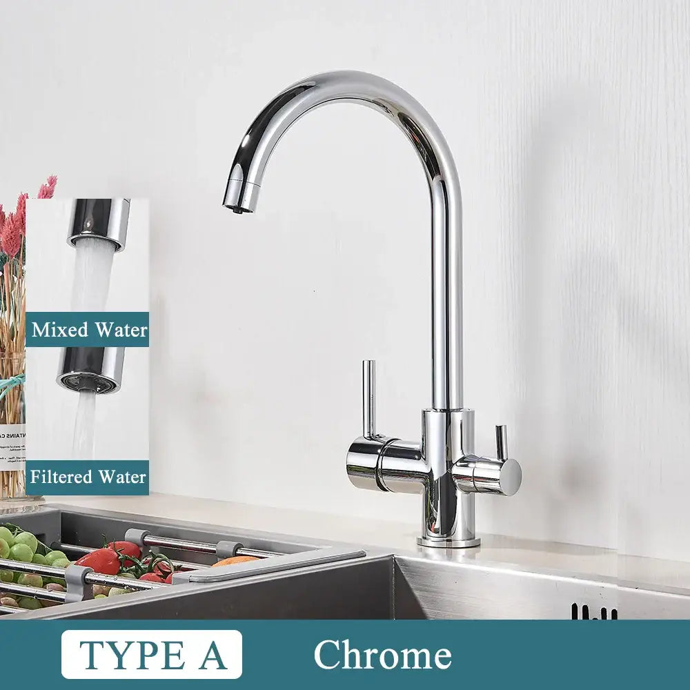 Modern matte black brass kitchen faucet with chrome finish, sleek arched spout, dual handles for mixed and filtered water decorbites brass kitchen