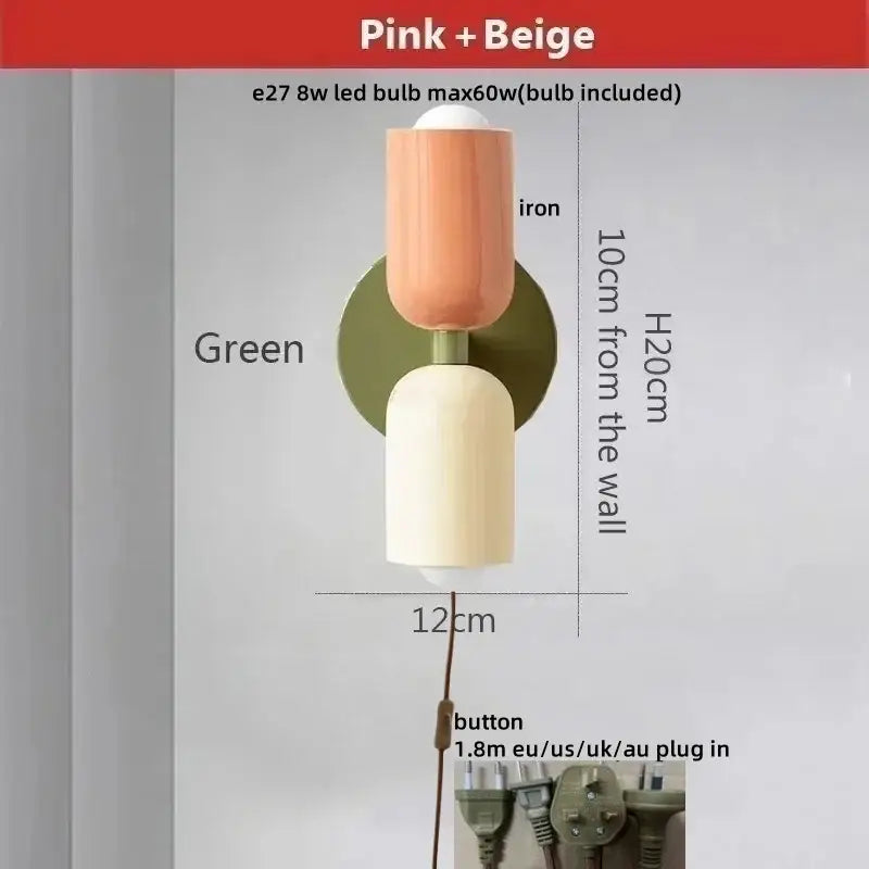 Modern peach and cream two-tiered decorbites led wall light with green iron backplate for bedroom decor