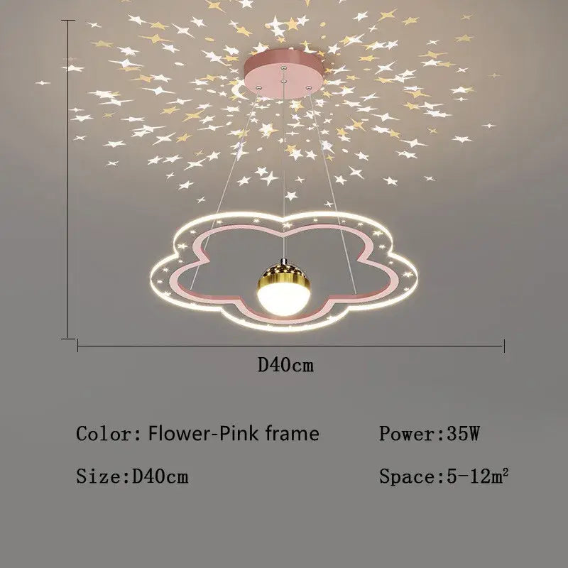 Modern pink and gold cloud flower led chandelier with glowing white bulb and starry projection for bedroom decorbites cloud flower
