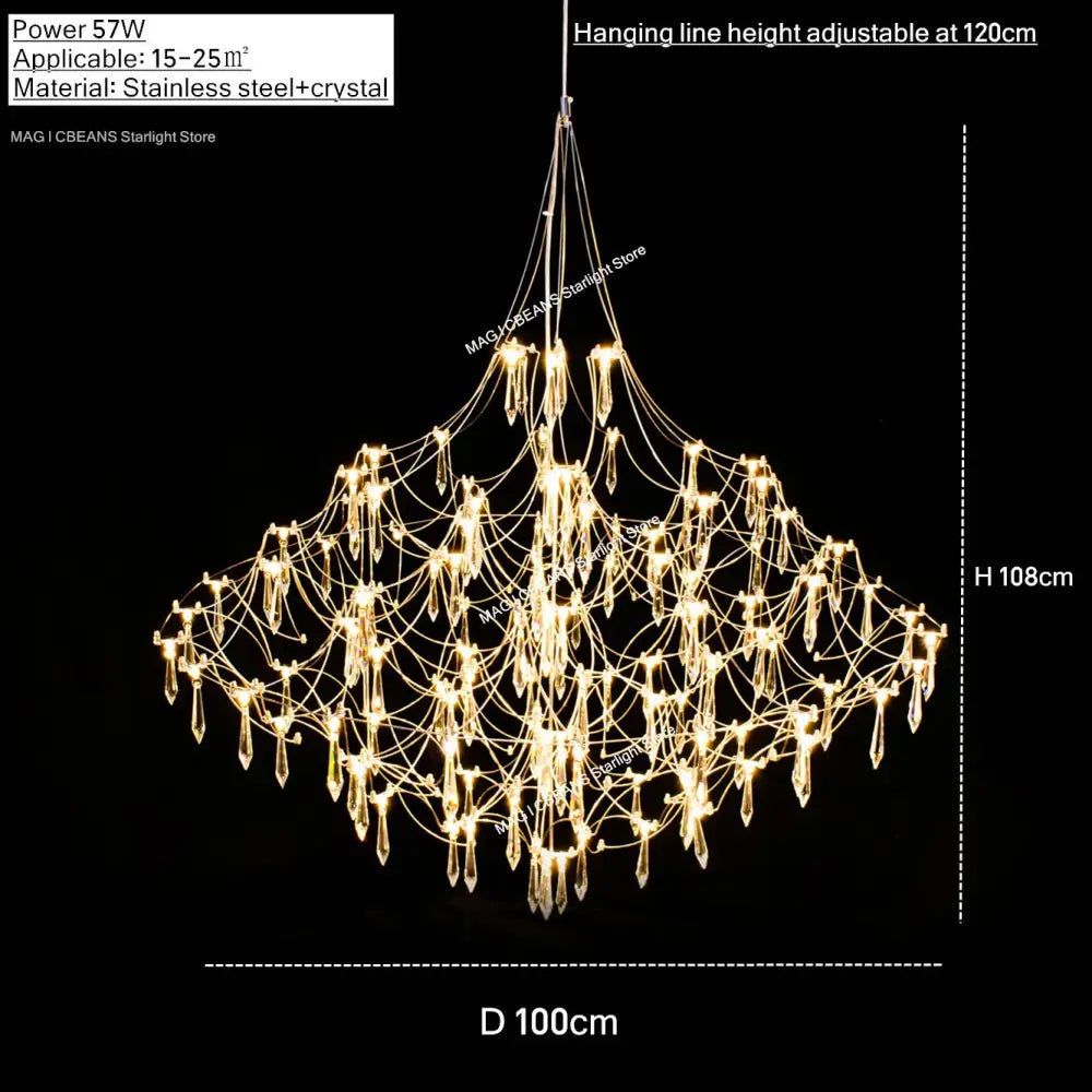 A modern polished steel pendant light with a multi-tiered crystal design and warm light for dining room use