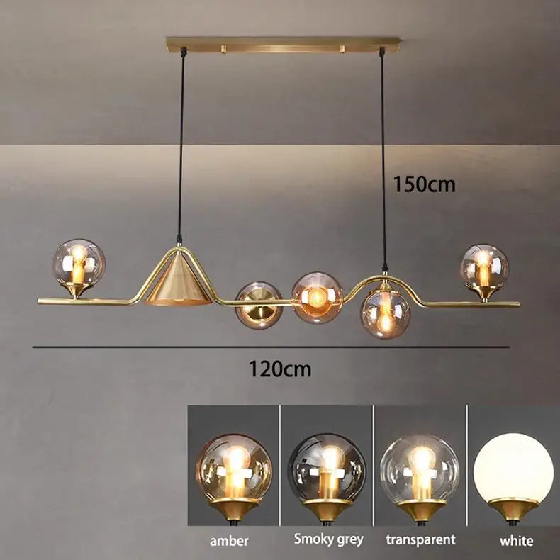 Modern smoky grey glass pendant light with gold-toned curved frame and amber, smoky grey, transparent, and white shades