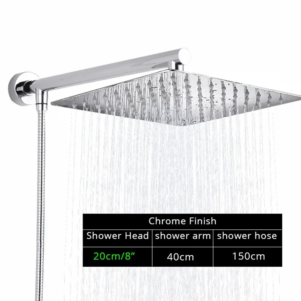 Modern square chrome rainfall shower head with arm and integrated hose in decorbites bright chrome finish for bathroom