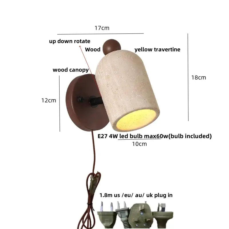 Modern travertine and wood wall light fixture with yellow travertine shade and up-down rotating design for bedroom use