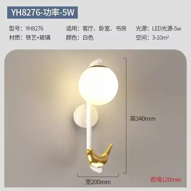 Modern white bird wall lights with led shelf featuring a spherical glass globe and gold iron bird hook for living room decorbites bird wall