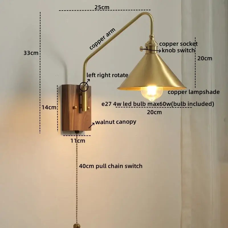 Brass-finished copper led wall sconce with walnut canopy and conical shade for modern wood and glass stair lighting
