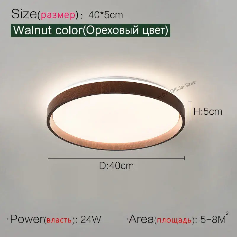 Modern wood led ceiling lamp with walnut wooden frame and white illuminated center by decorbites led ceiling