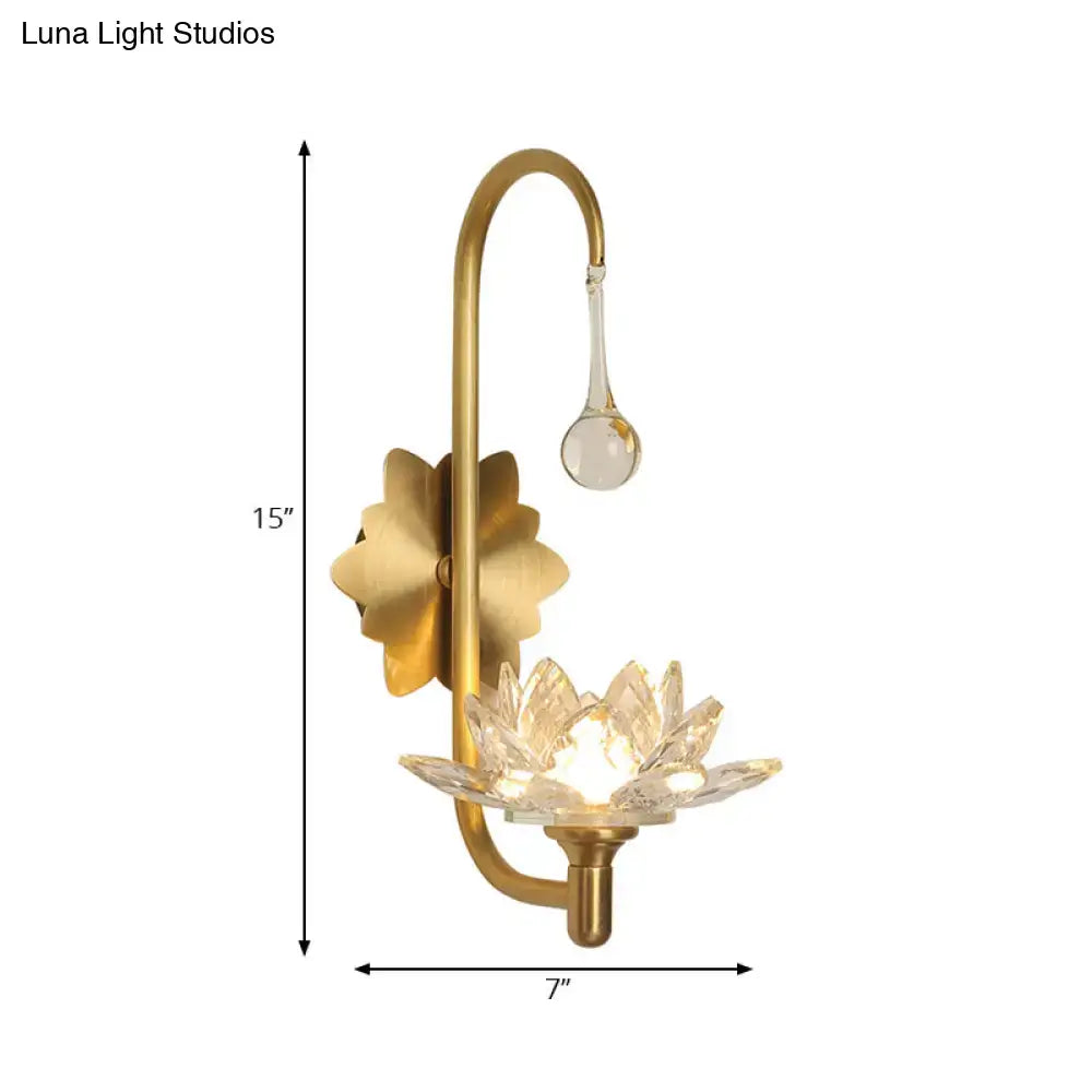 Modernist gold crystal lotus wall lamp with clear crystal petals and teardrop glass accent for bedroom sconce 220v-240v 110v-120v