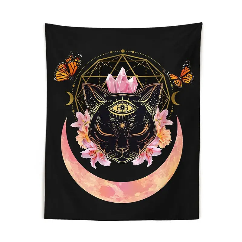 Black tapestry wall hanging featuring a mystic cat witch moon with pink crystals and gold geometric decorbites cat witch design