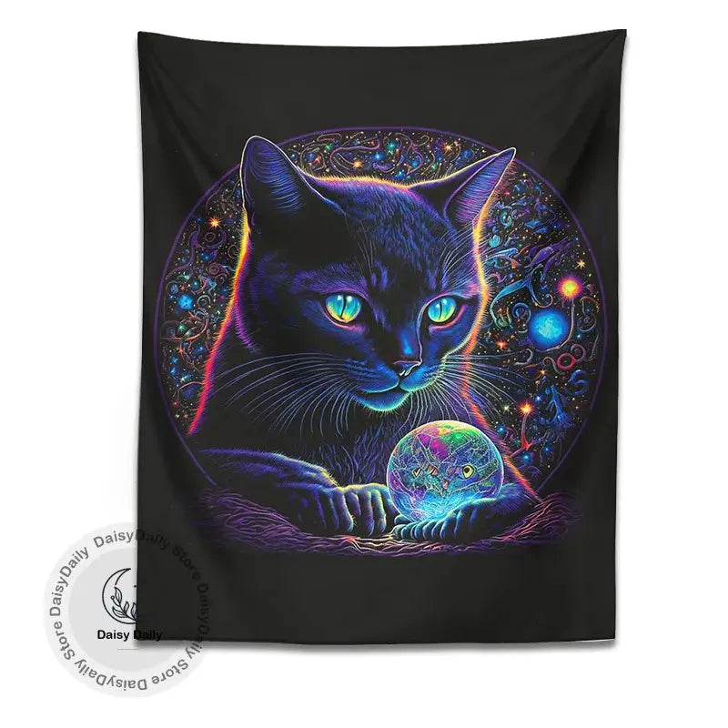 Mystical neon black cat tapestry featuring a glowing cat with vibrant fur and cosmic patterns for bedroom decorbites black cat wall art