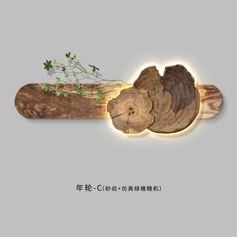Natural wood bedroom wall lamp with rustic tree cross-sections and warm integrated led lighting for sofa set decor