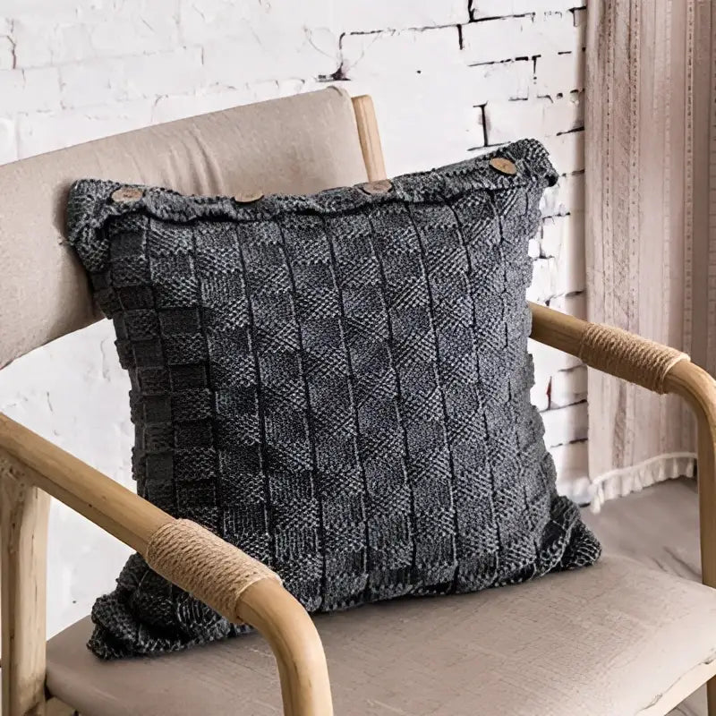 Gray woven knit pillow cover with textured basketweave pattern and wooden buttons, ideal for living room decorbites knit pillow