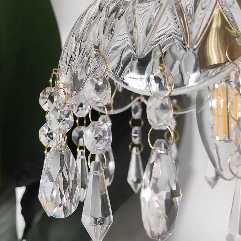 Ornate brass and decorbites crystal glass led pendant lights with clear faceted teardrop crystals for bedroom decor