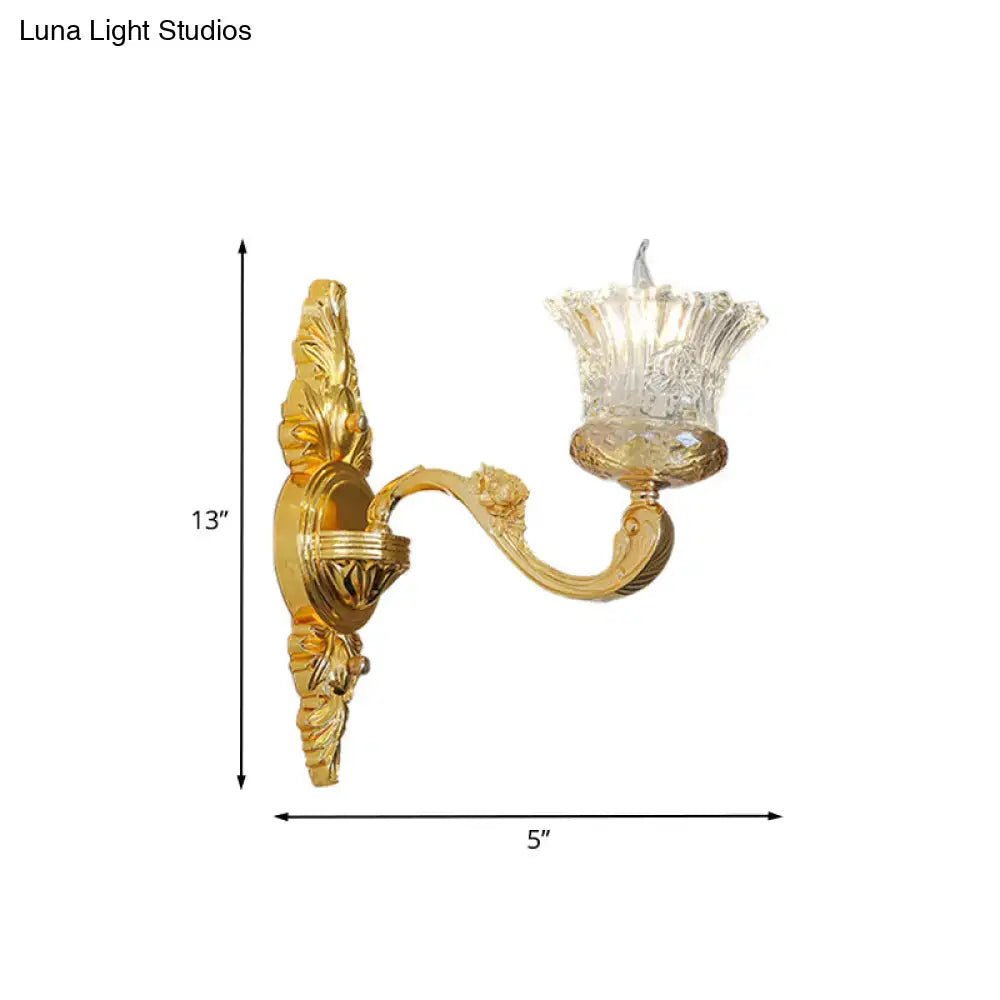 Ornate gold flower wall light with crystal glass fluted shade suitable for 220v-240v 110v-120v bedroom sconce