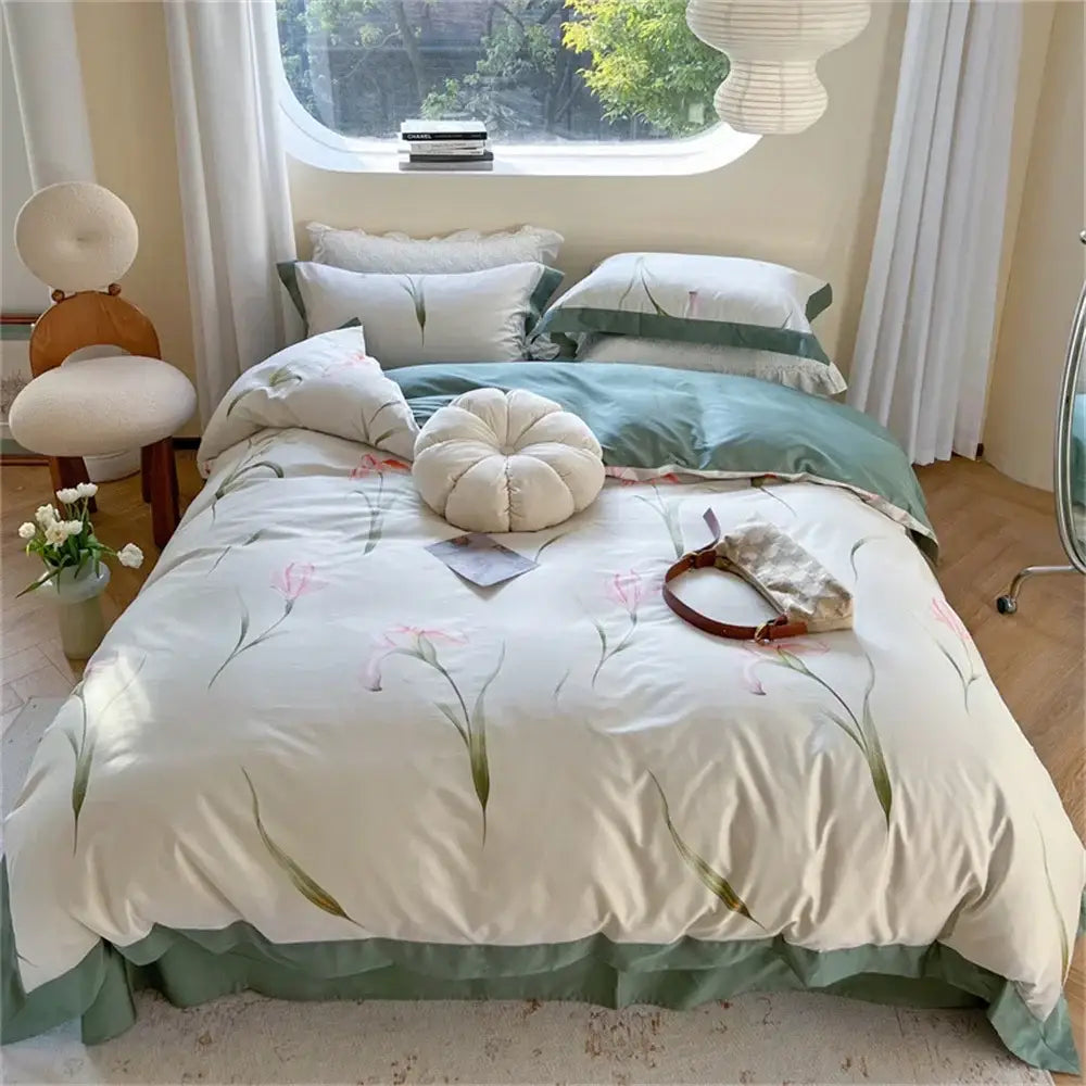 A soft cream bedding set with pink green floral embroidery and sage green ruffled hem from decorbites colorful bedding set
