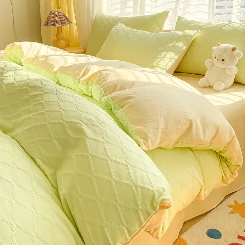 Pastel green quilted duvet cover bedding set with soft plush texture and subtle diamond stitching by decorbites fresh bubble yarn
