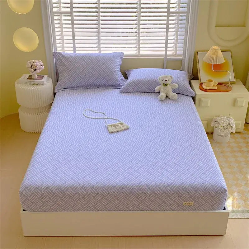 Light purple cotton striped fitted sheet with subtle geometric weave pattern for decorbites cotton striped bedding