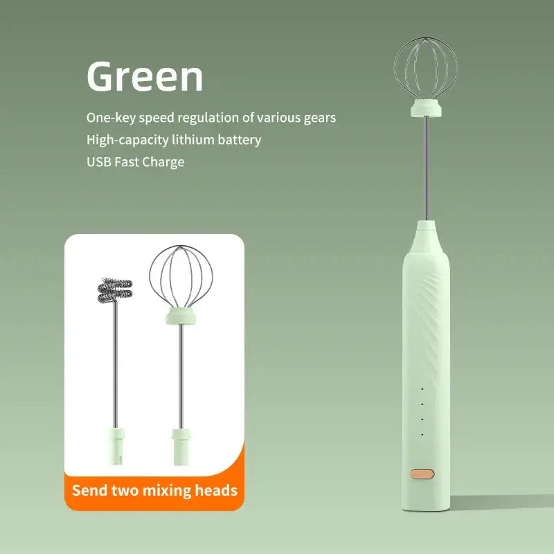 Light green electric milk frother with whisk and two interchangeable mixing heads for kitchen coffee use