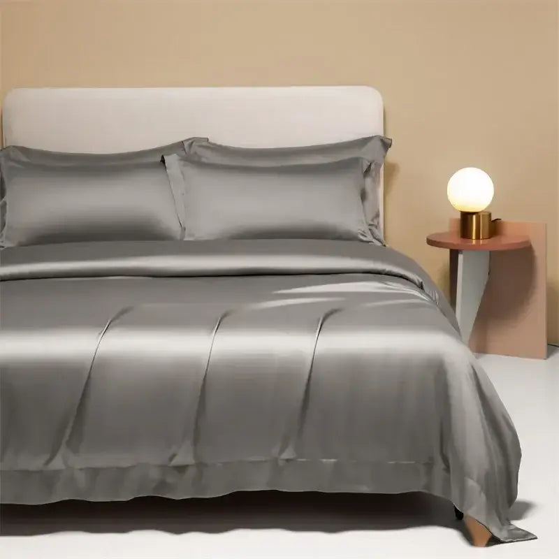 Gray satin duvet cover bedding set with cooling cotton solid fabric and elegant pleats for bedroom use