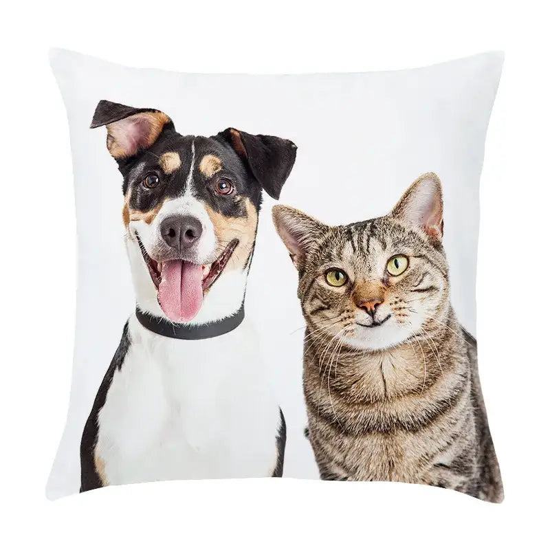 White throw pillow with pet dog and cat print on peach skin pillowcase for living room decor