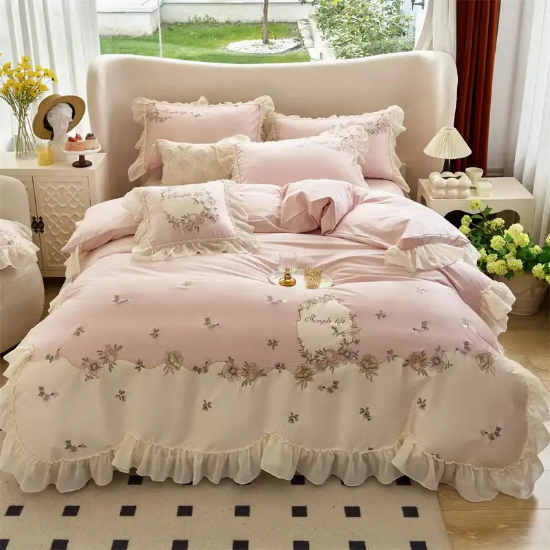 Pink floral embroidered bedding set with flowers lace ruffles and delicate lace trim in egyptian cotton by decorbites