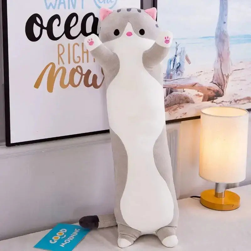 Plush gray and white cat sleeping body pillow with pink inner ears and paw pads for bedroom decorbites husky decor