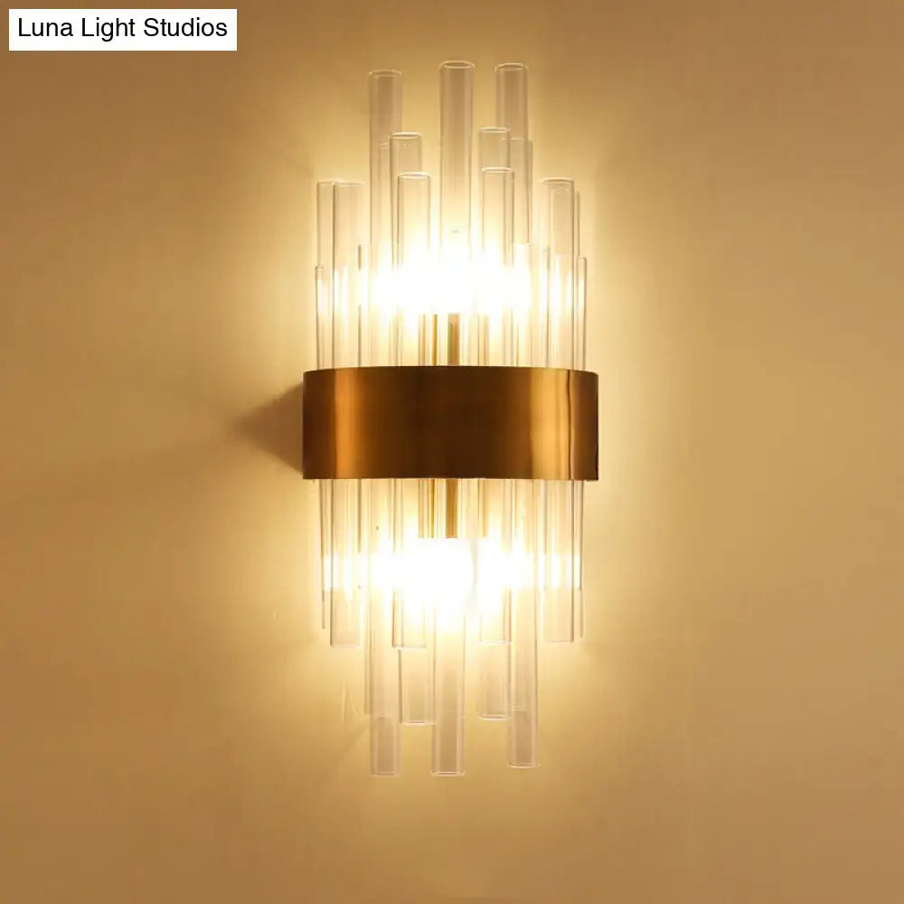 Modern postmodern gold fluted crystal wall sconce with clear glass tubes and brass frame for bedroom 110v-120v lighting
