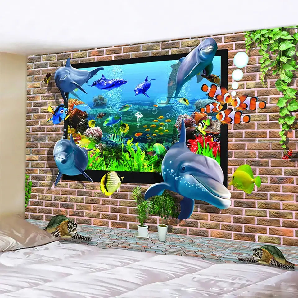 Vibrant decorbites dolphin psychedelic tapestry featuring dolphins and tropical fish in a coral reef framed by faux brickwork