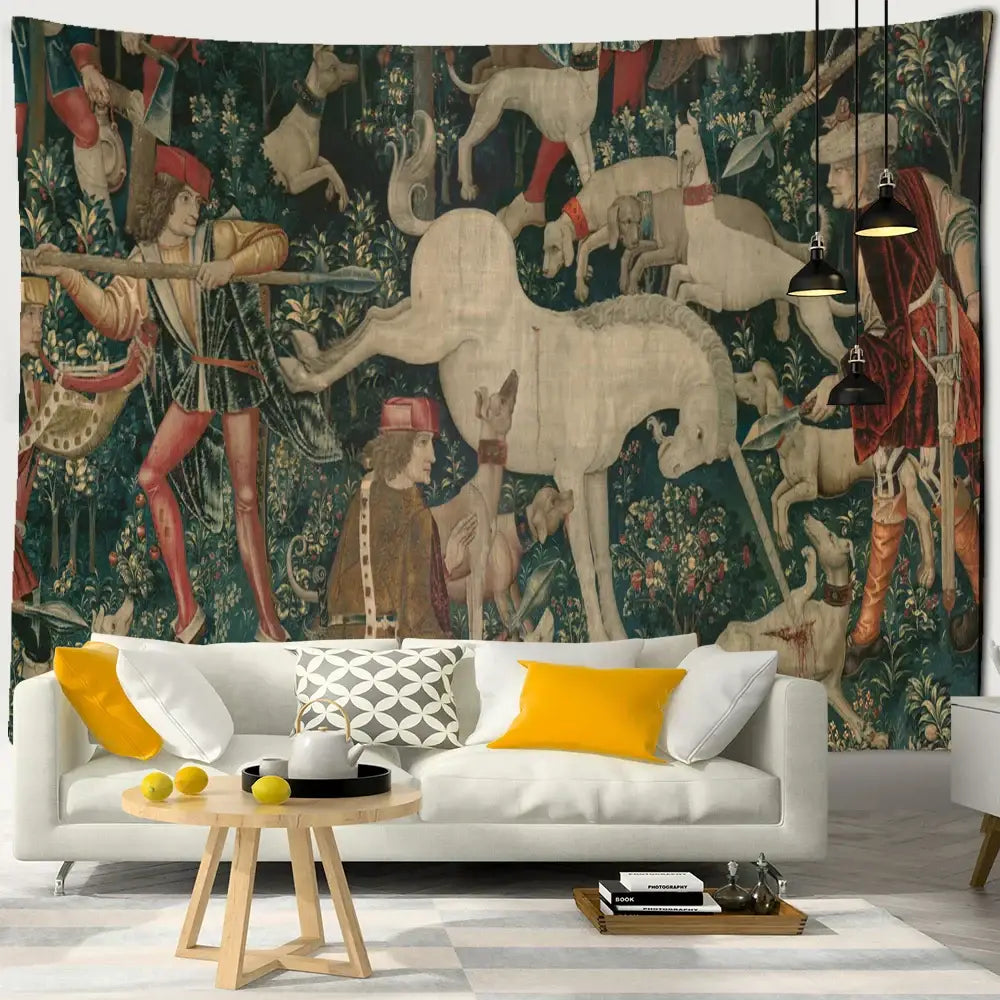 A decorbites cute skeleton tapestry featuring a medieval hunting scene in deep greens reds and earth tones for wall decor