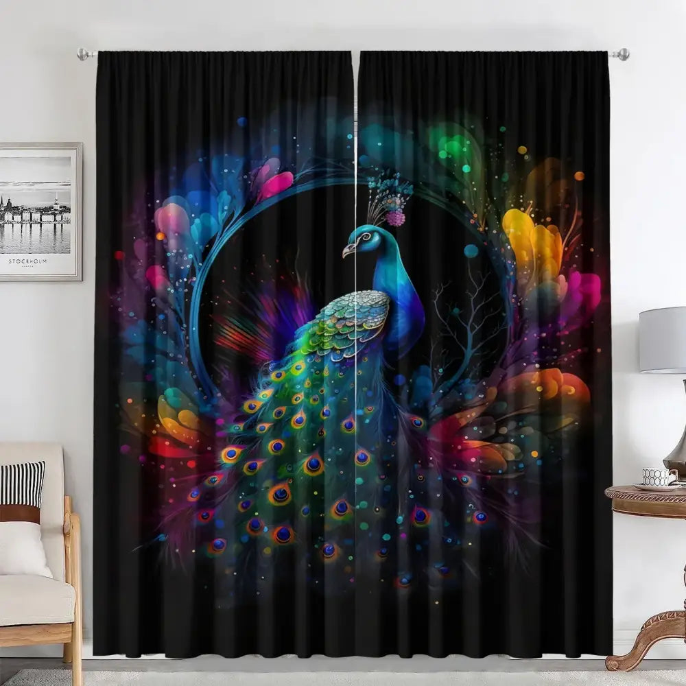 Vibrant psycidelic good luck peacock blackout curtains with iridescent blue green feathers for luck peacock home decorbites decor