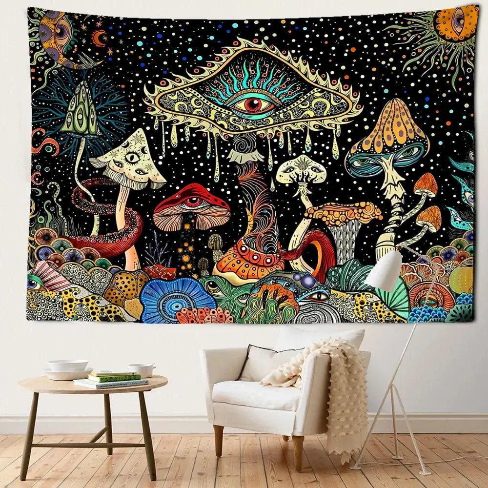 Psychedelic mushroom forest tapestry with colorful eyes and cosmic patterns on black background for bedroom decorbites colorful eyes
