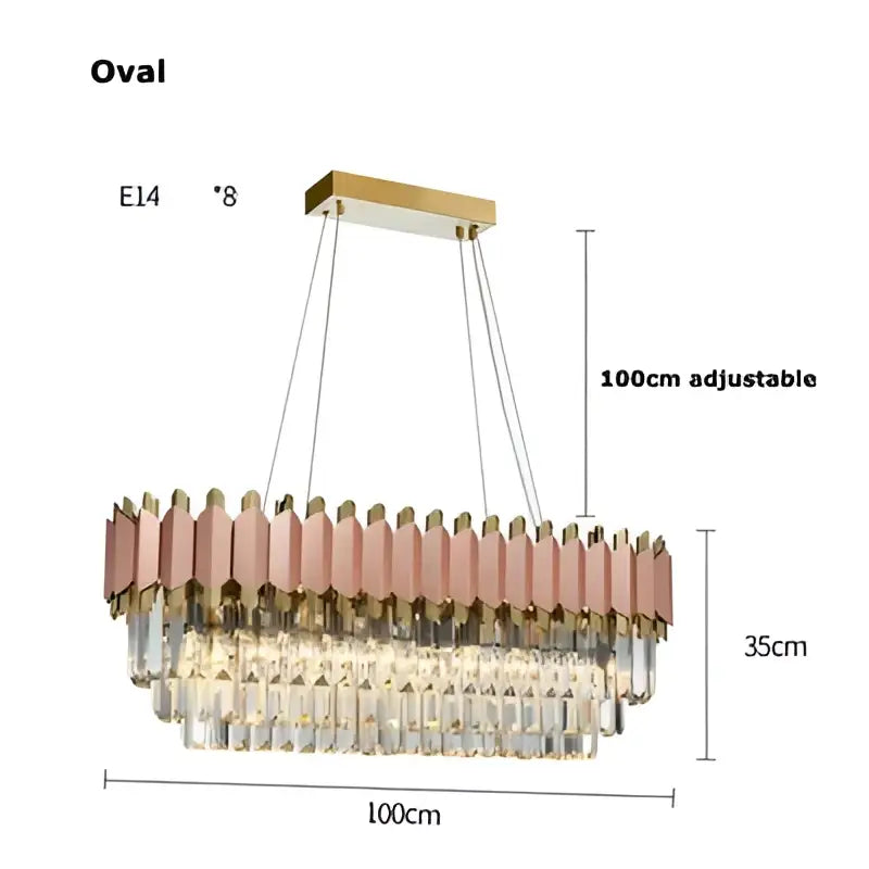 A modern oval rose gold and clear e14 led crystal pendant light with gold-toned stainless steel frame for dining room