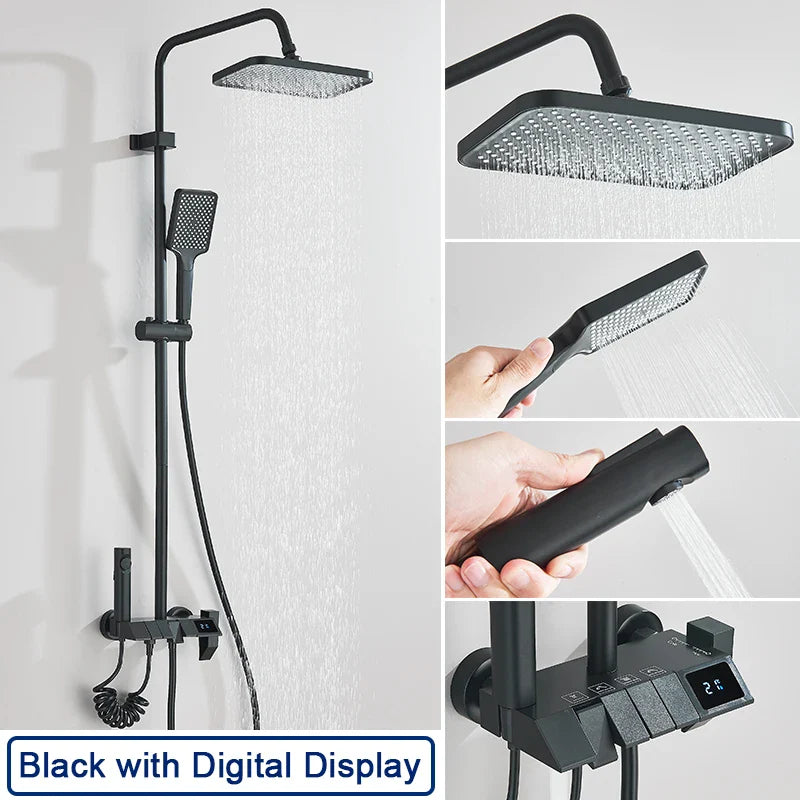 Rozin black matte shower faucet set with square rainhead handheld spray and digital temperature display for bathroom use