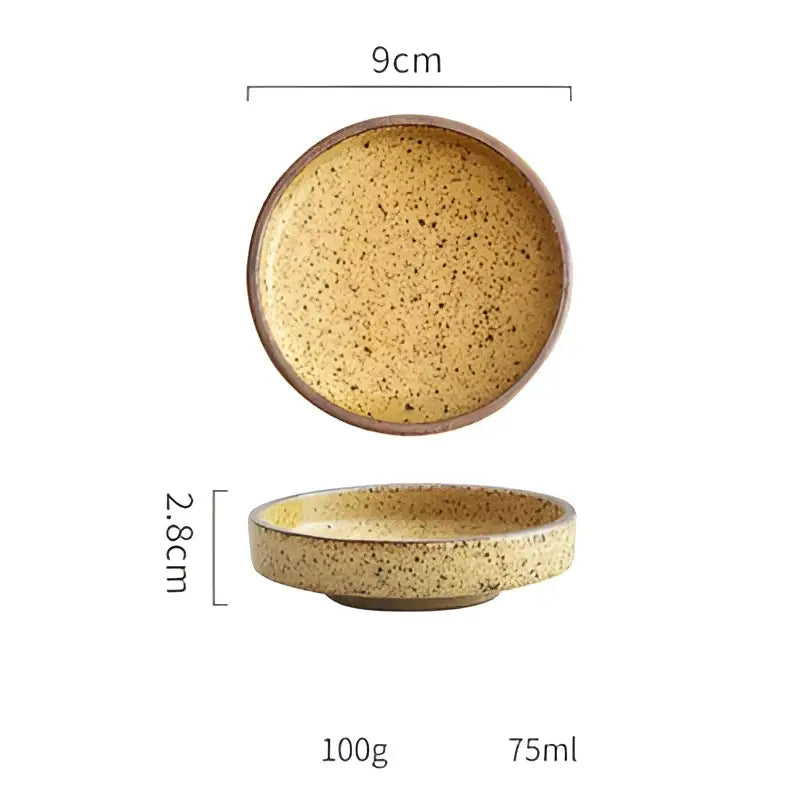 A 9cm speckled yellow ceramic round sauce dish with matte finish and raised rim from decorbites ceramic round set
