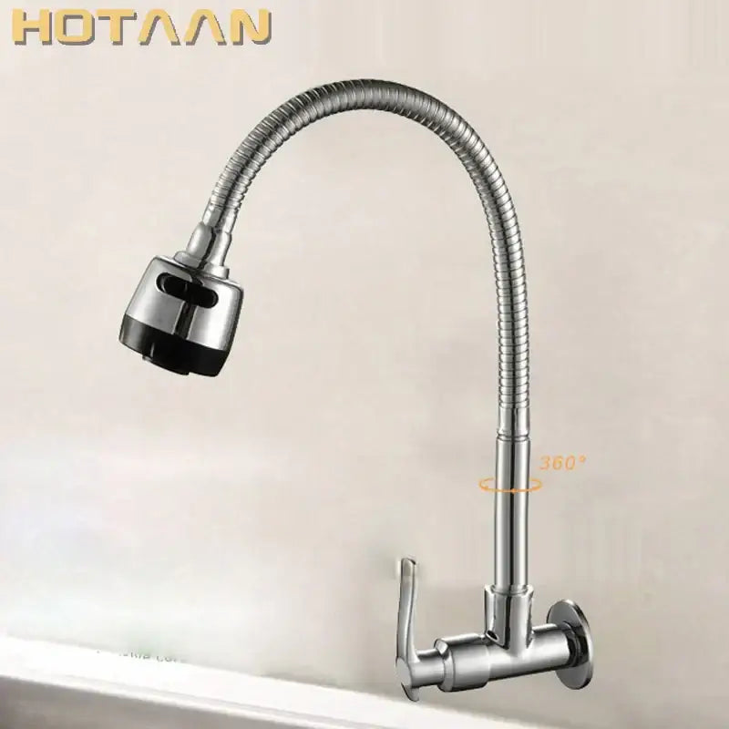 Silver hotaan brass cold kitchen faucet with flexible ribbed spout and black rubberized spray head for decorbites brass cold kitchen