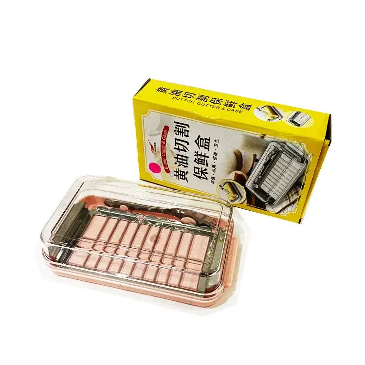 Sleek white and stainless steel decorbites butter slicer with clear plastic cutter box and rose gold metal blades