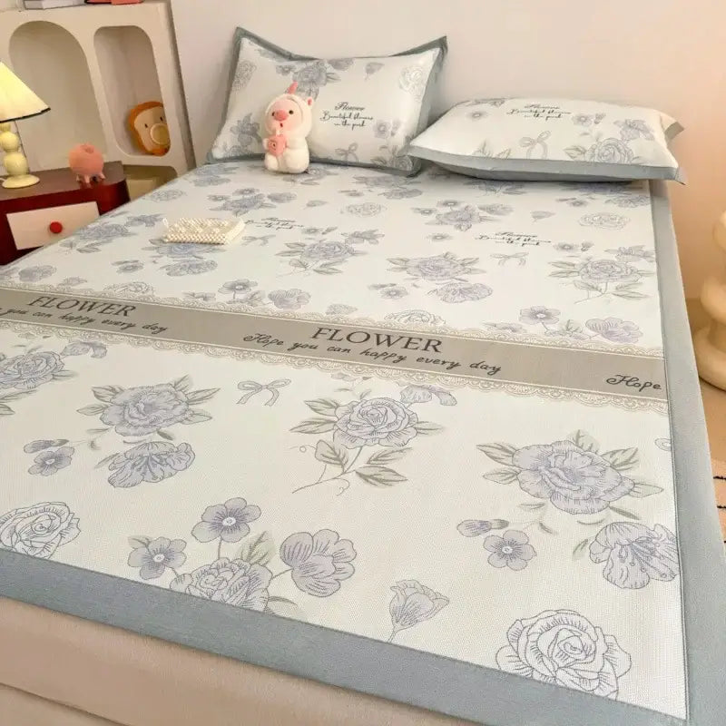 Soft gray floral antibacterial pattern mattress set with light blue cooling pad lace trim and embroidered flower text
