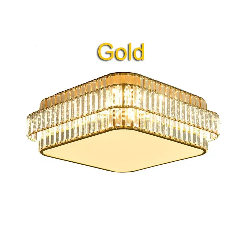 Gold-finished square crystal led ceiling lamp with two tiers of clear faceted bars for living room decorbites crystal led