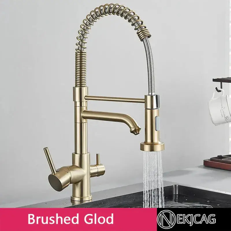 Brushed gold stainless steel decorbites dual mode kitchen faucet with flexible coiled spring hose and pull-down spray head